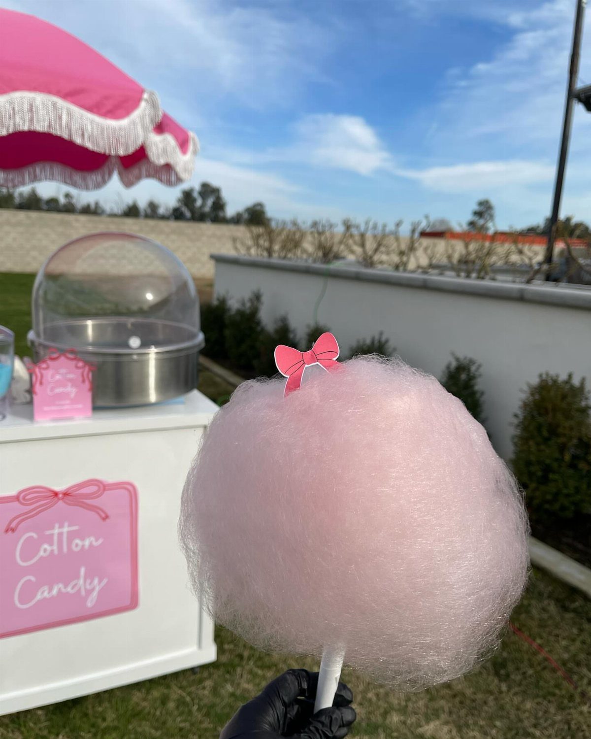 Pink cotton candy on a stick with a bow at an outdoor party.
