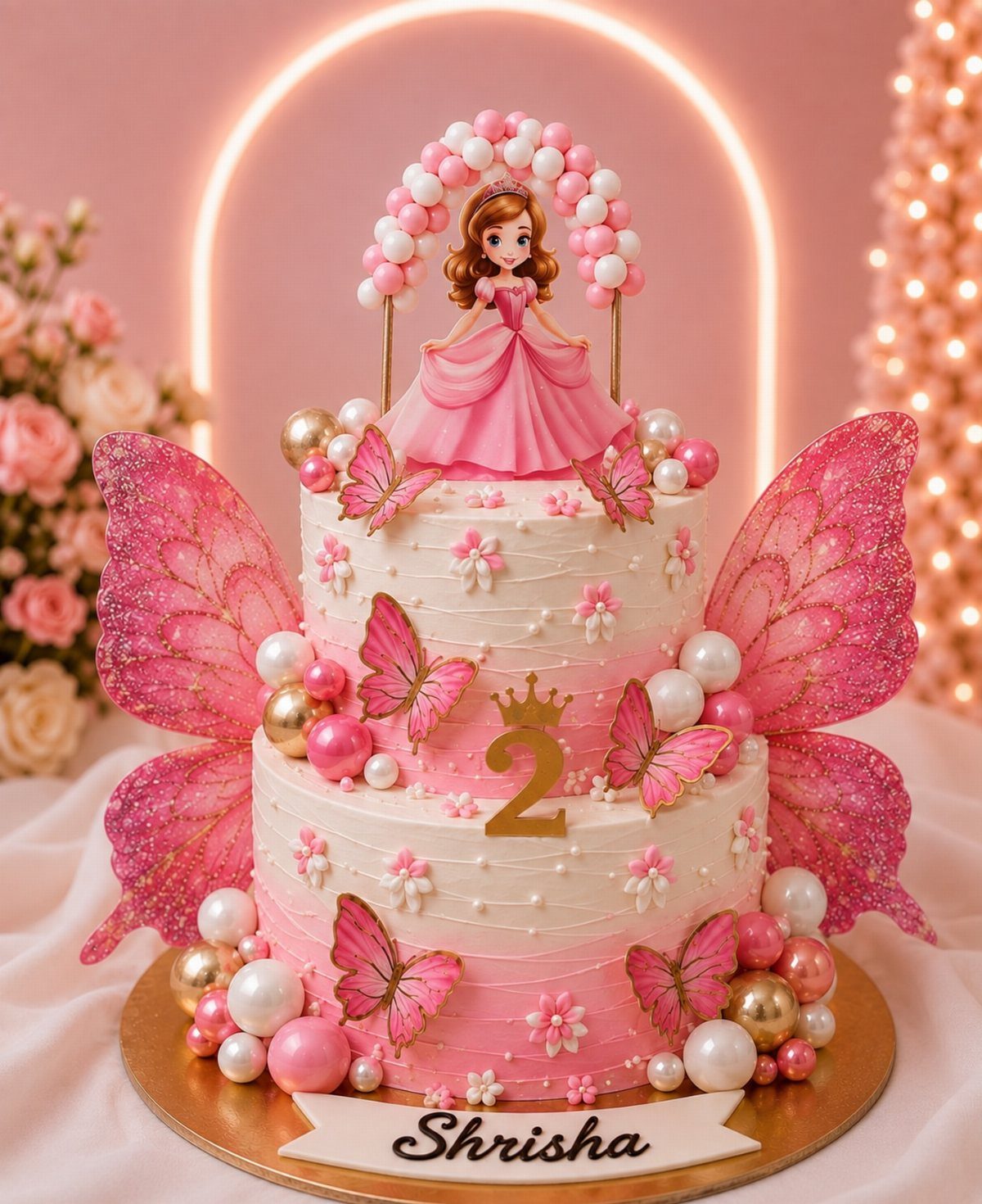 Two-tier pink and white birthday cake with princess figurine and butterfly decorations