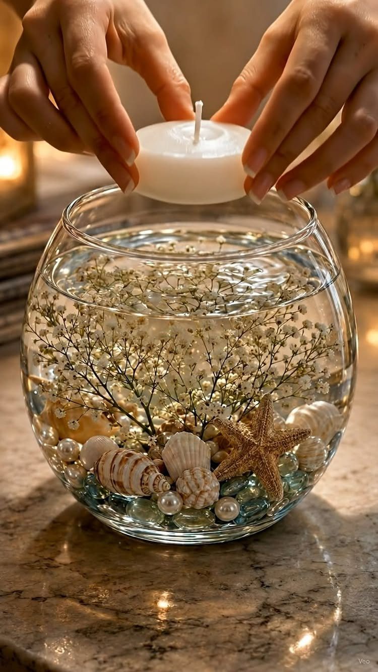 Floating candle being placed on a glass bowl with pearls and seashells.