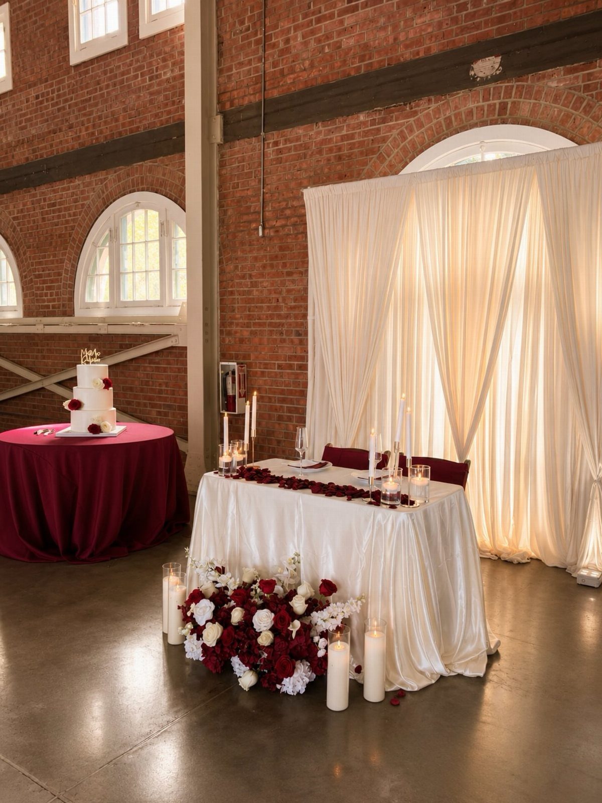 Decorated sweetheart table with white linens, red roses, and candles against a white backdrop.