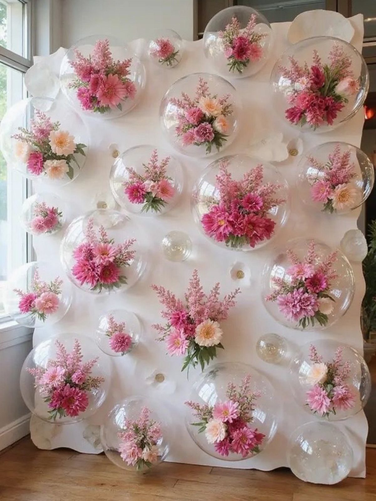 Clear balloons filled with pink and peach flowers attached to a white wall