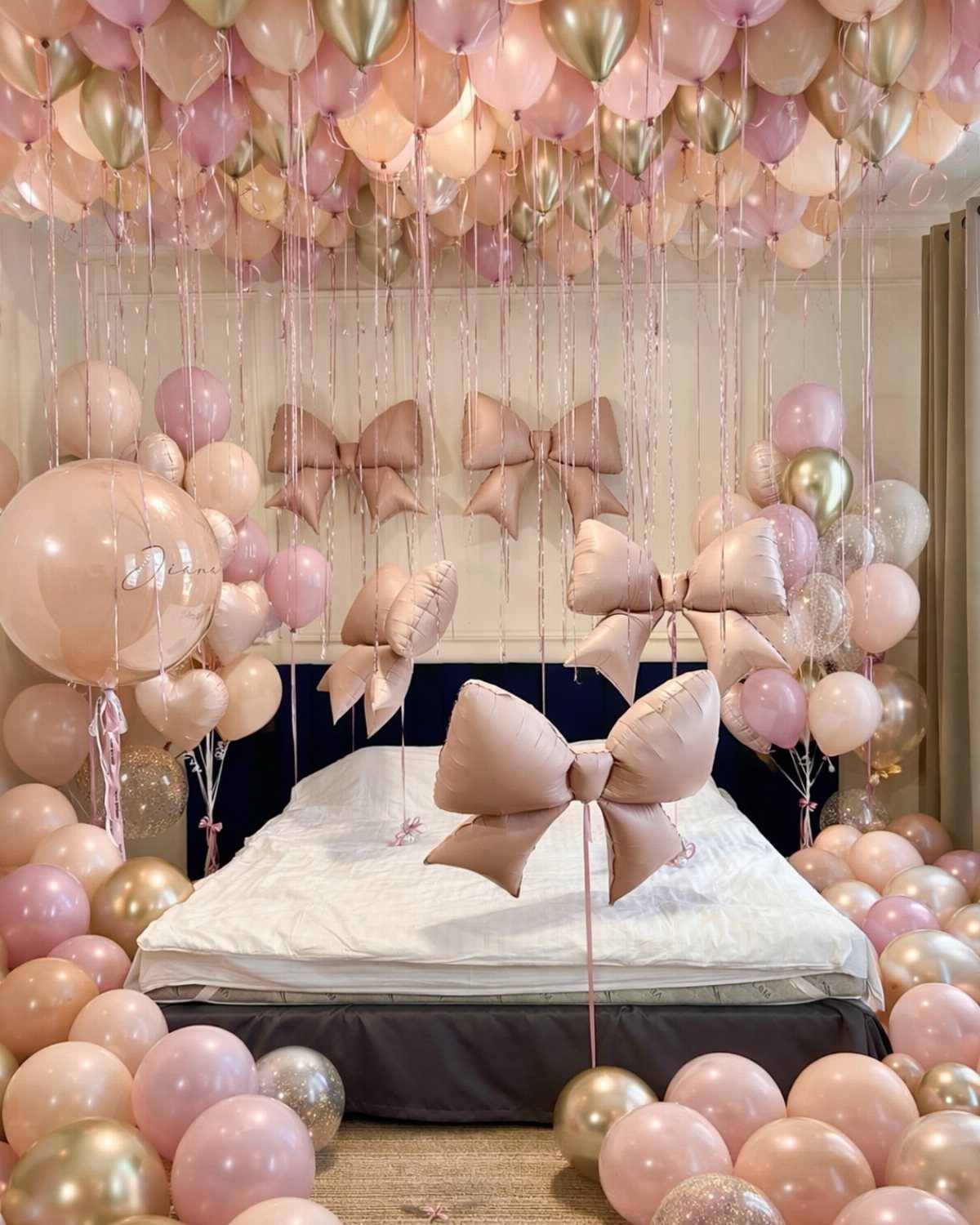 Bedroom filled with pink and gold balloons on the floor and ceiling.