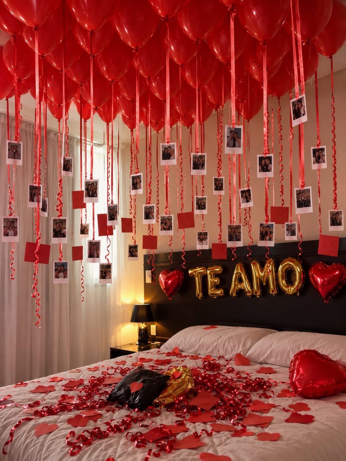 Red balloons on a ceiling with hanging photos over a decorated bed