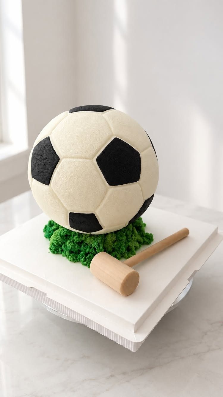 Soccer ball cake on green frosting grass with a small wooden mallet beside it.