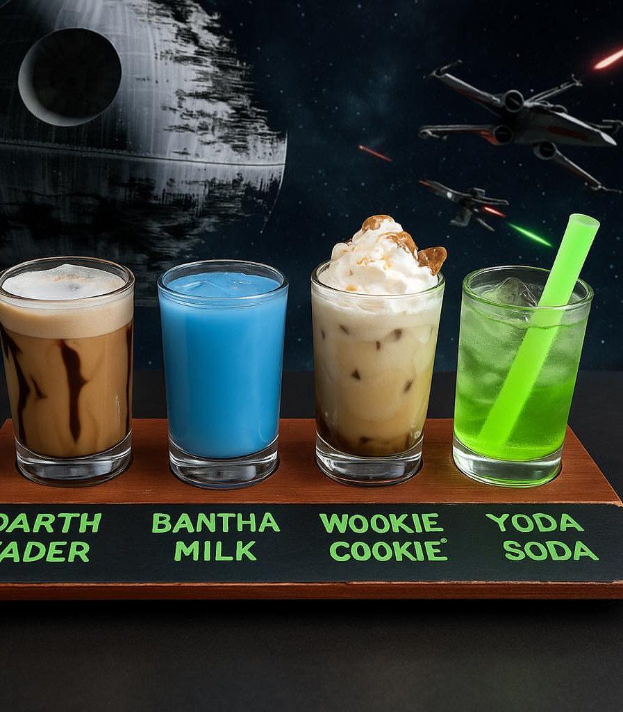 Four colorful Star Wars themed drinks on a wooden board with creative names.