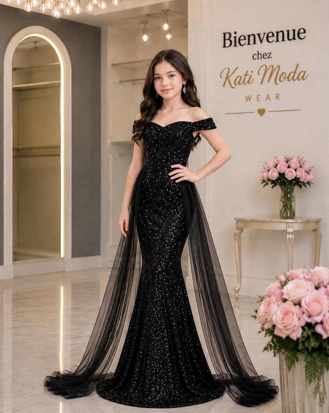 Young girl in a sparkling black full-length evening gown with a sheer cape.