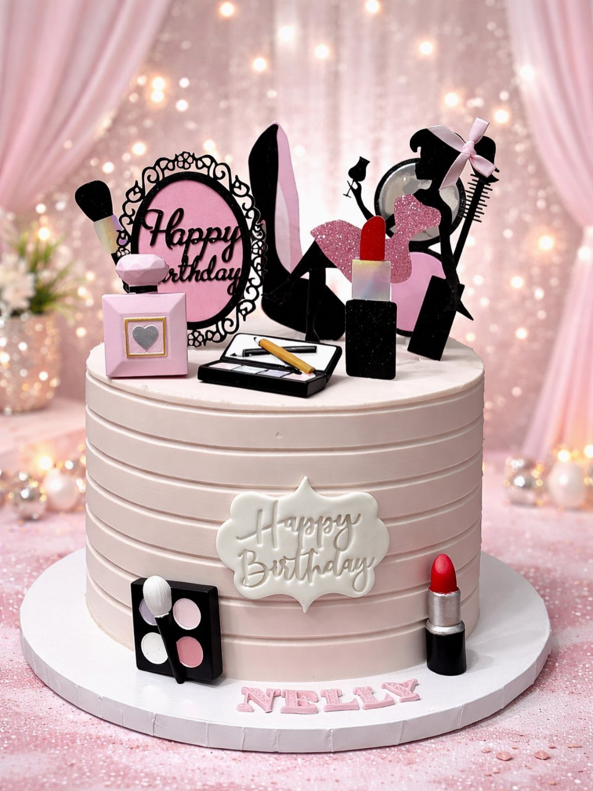 Pink birthday cake decorated with edible makeup, lipsticks, and a black high-heel shoe.