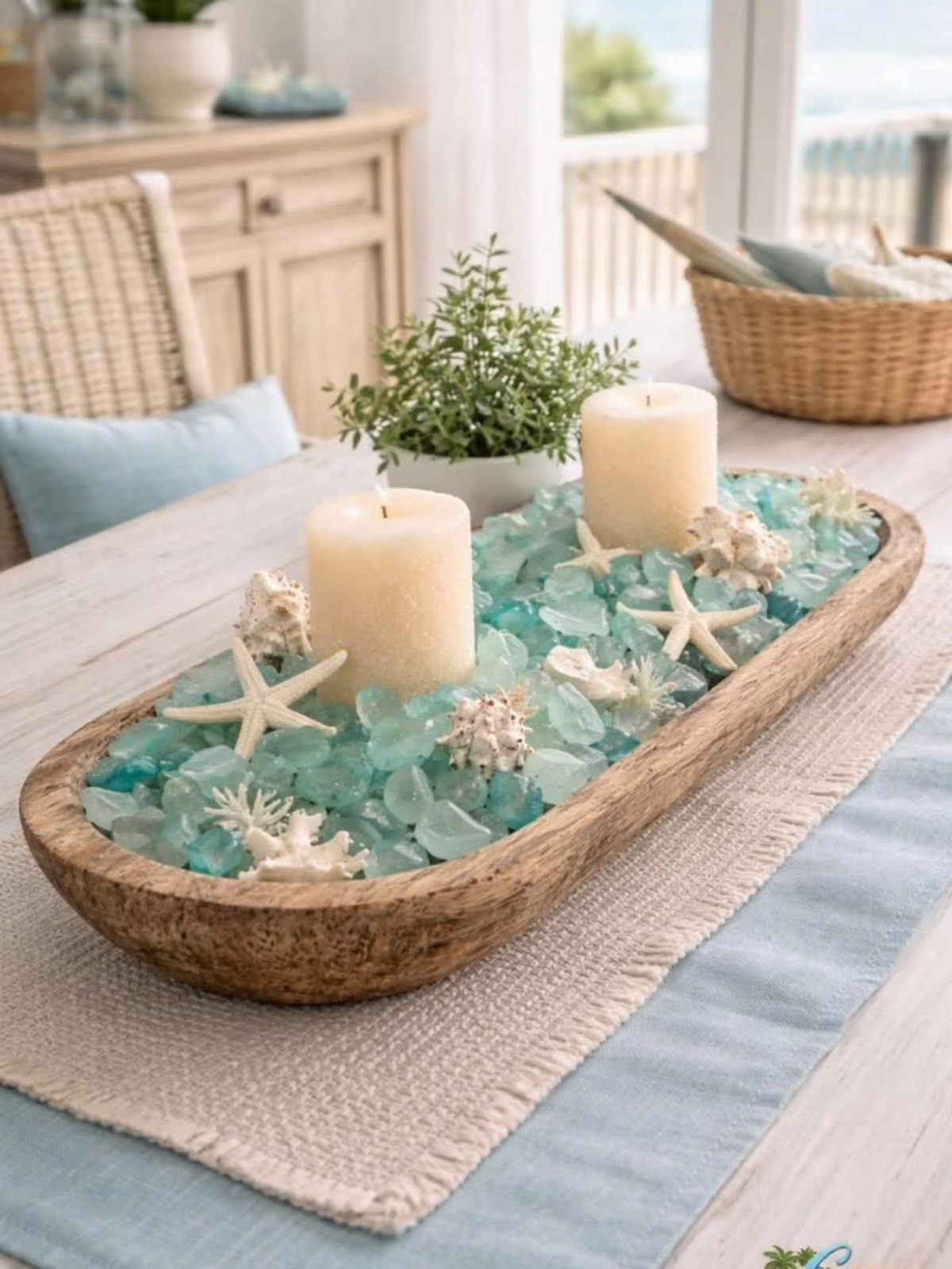 Wooden bowl centerpiece with turquoise glass stones, white candles, and seashells on table.