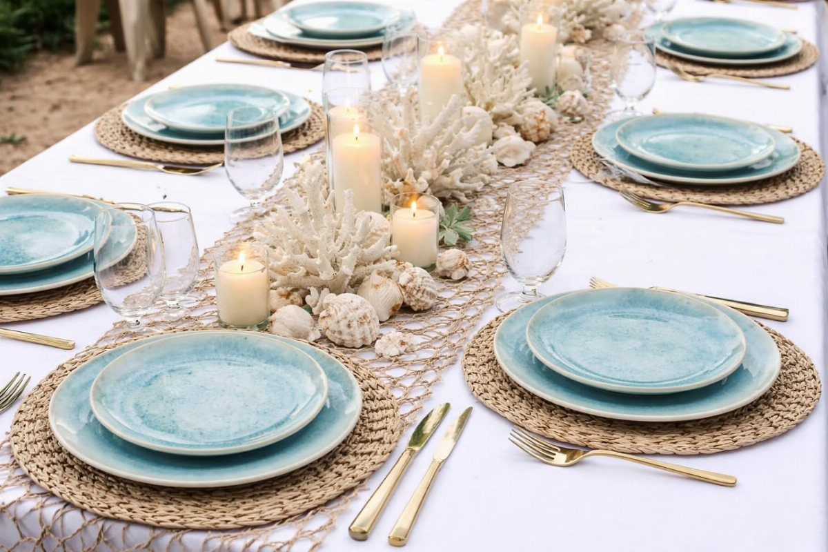 Coastal table setting with blue plates and a centerpiece of coral and candles