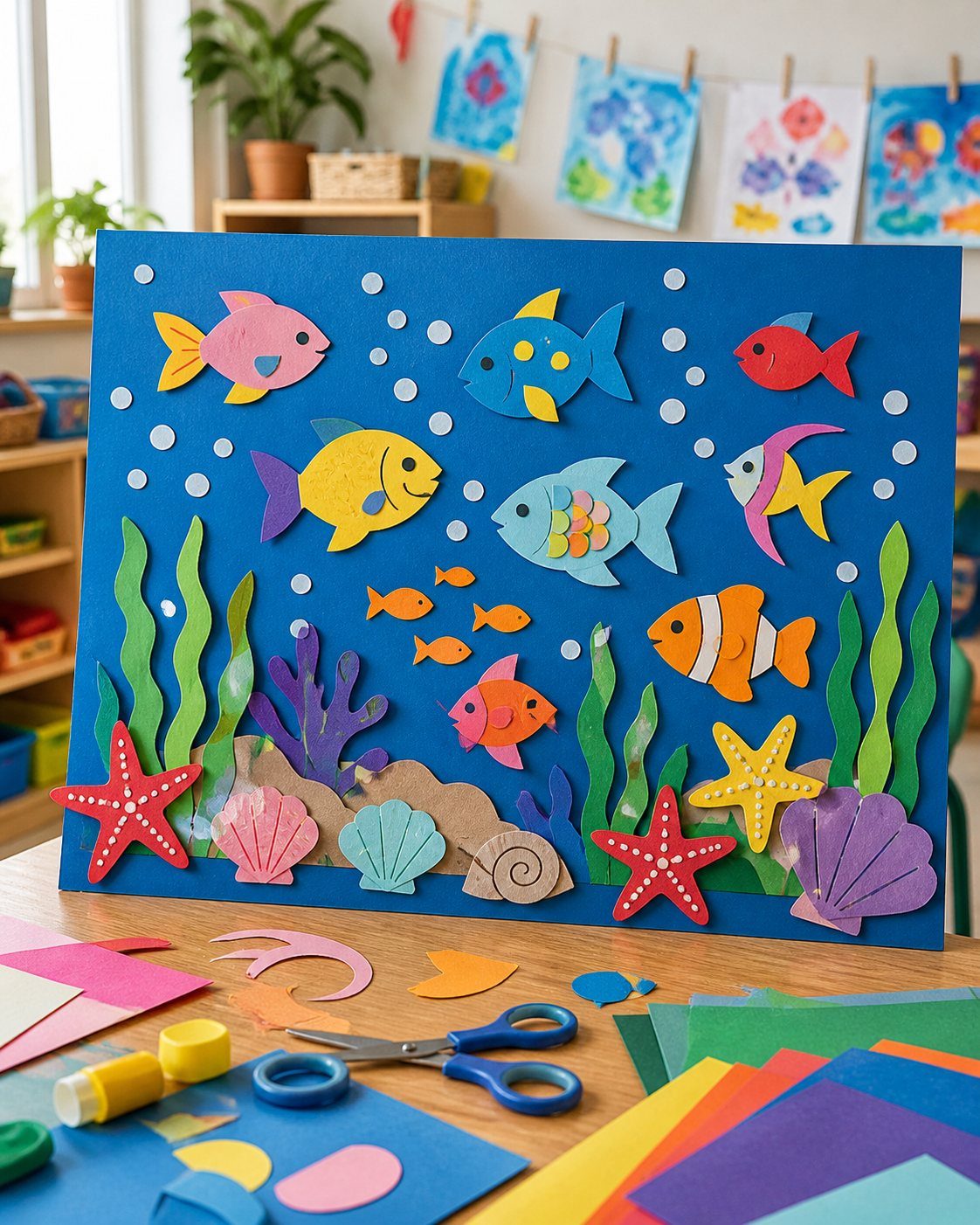 Colorful paper fish cutouts on a blue background with shells and seaweed.