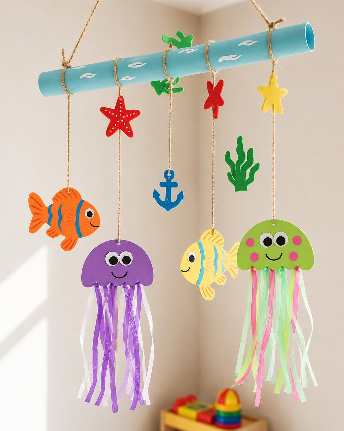 Handmade sea creature mobile with colorful fish and jellyfish hanging from a blue tube.