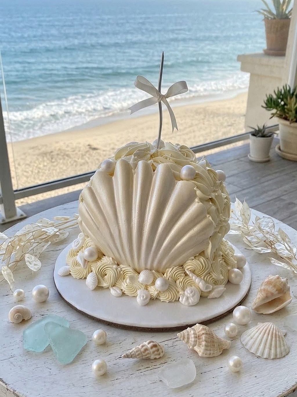 Shell-shaped white cake decorated with pearls and seashells on a beach balcony.