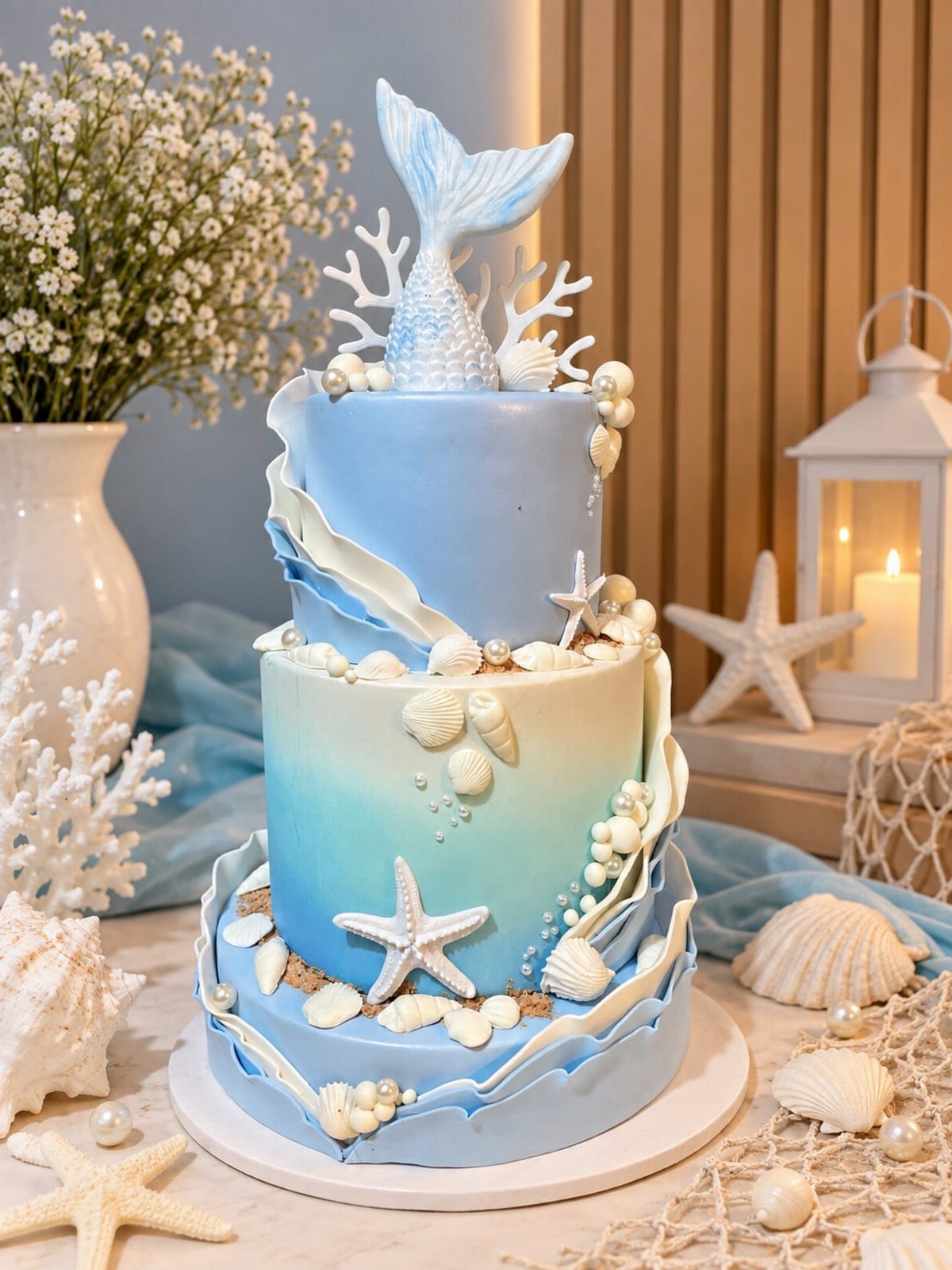 Three-tier blue gradient cake with mermaid tail, seashells, and starfish decorations.