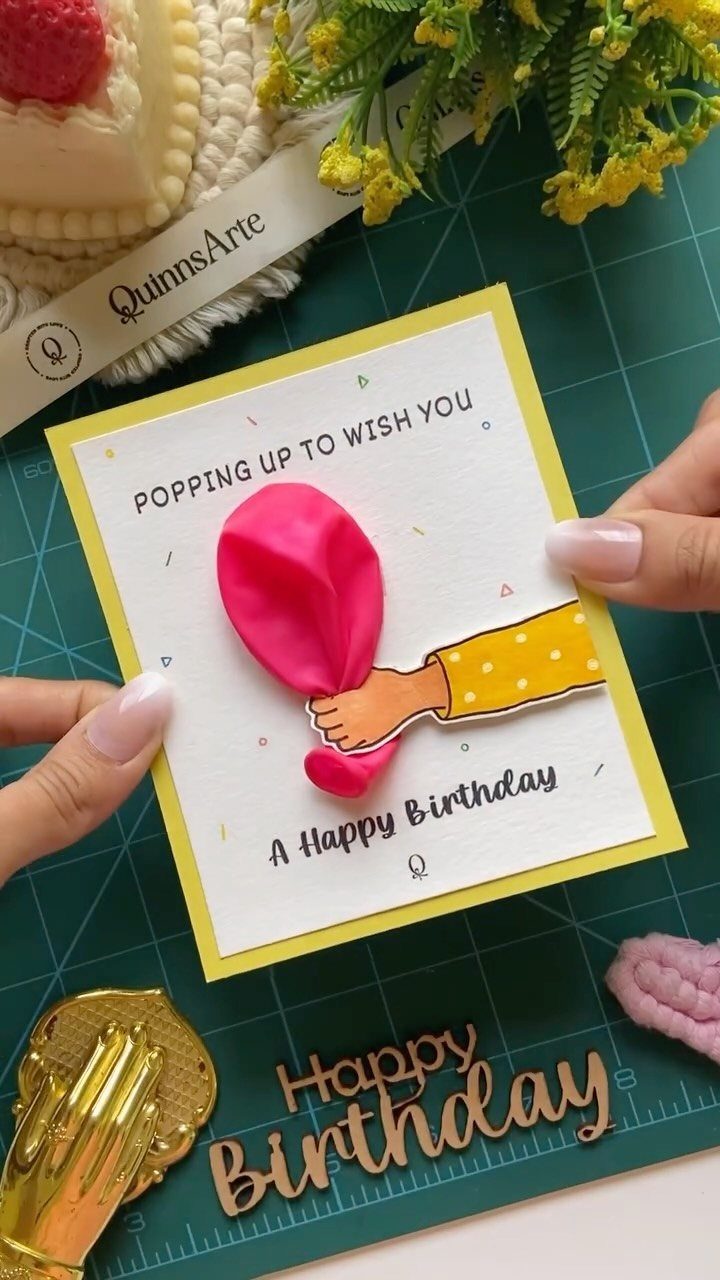 Handmade birthday card with a 3D pink balloon and celebratory text.