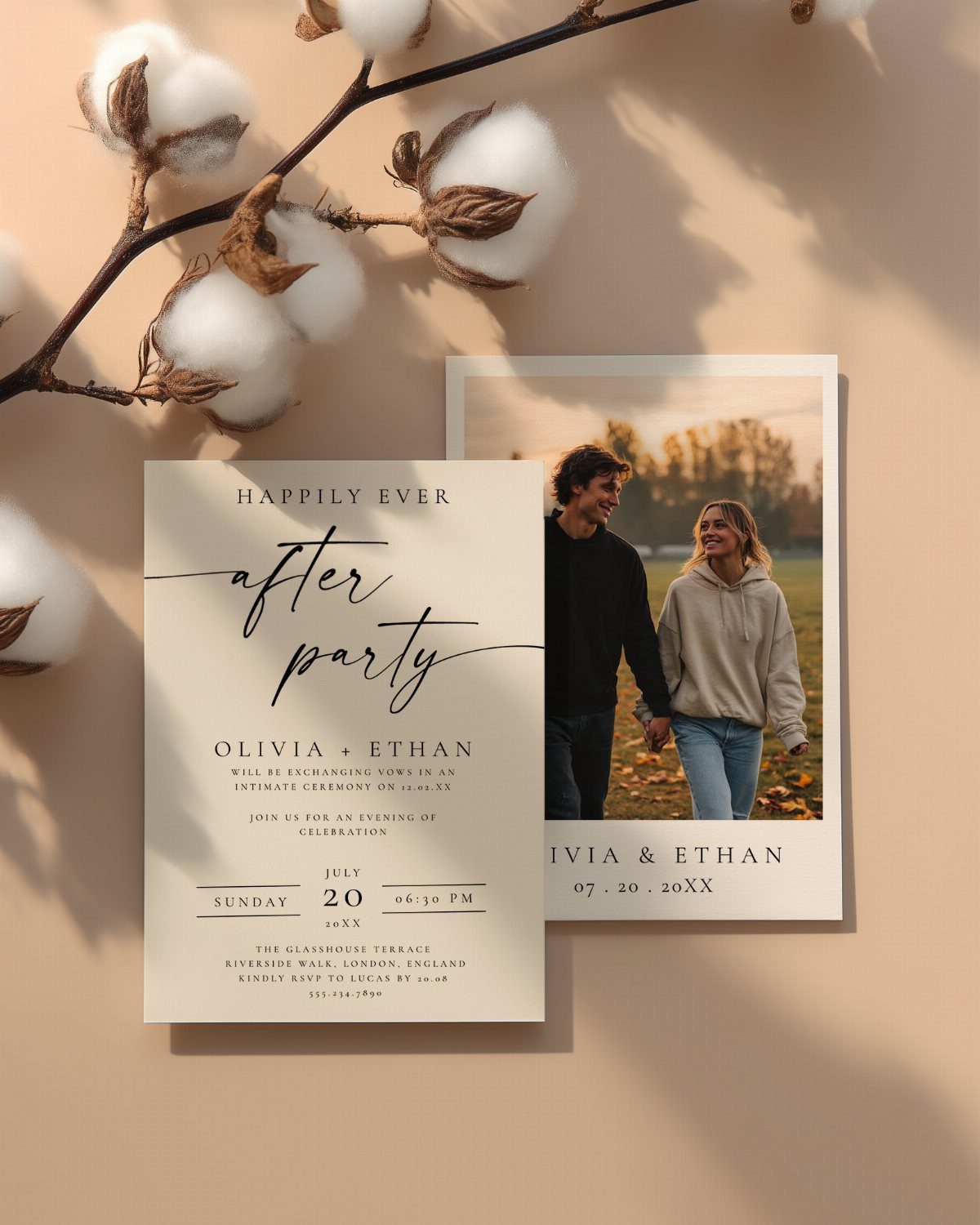 Wedding after party invitation cards with a couple's photo and cotton branch accents.