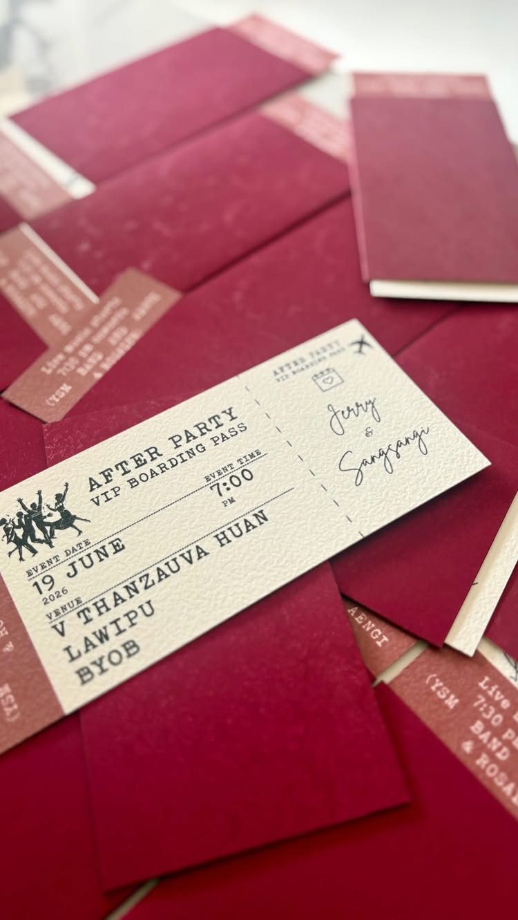 Wedding after party invitation designed as a boarding pass on red envelopes.