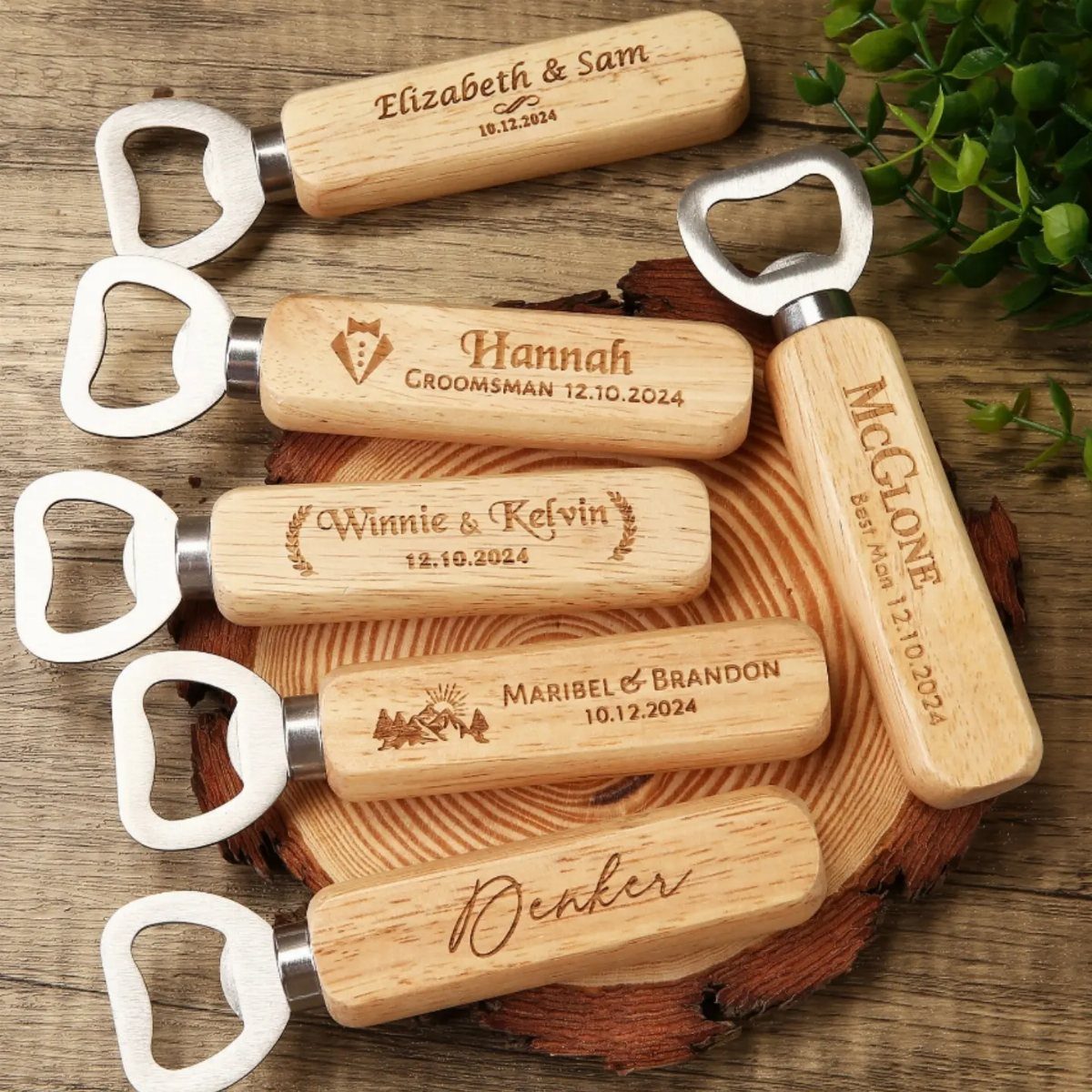 Engraved wooden bottle openers with personalized names and dates on a rustic wood background.