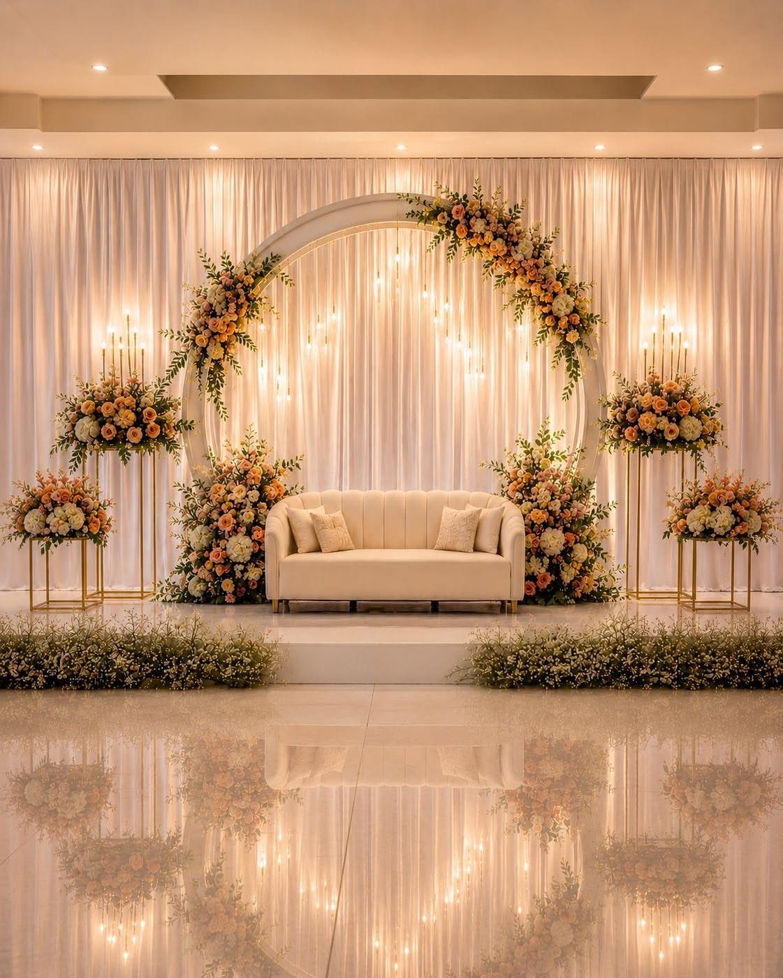 White sofa and floral circular arch backdrop for a wedding reception decoration