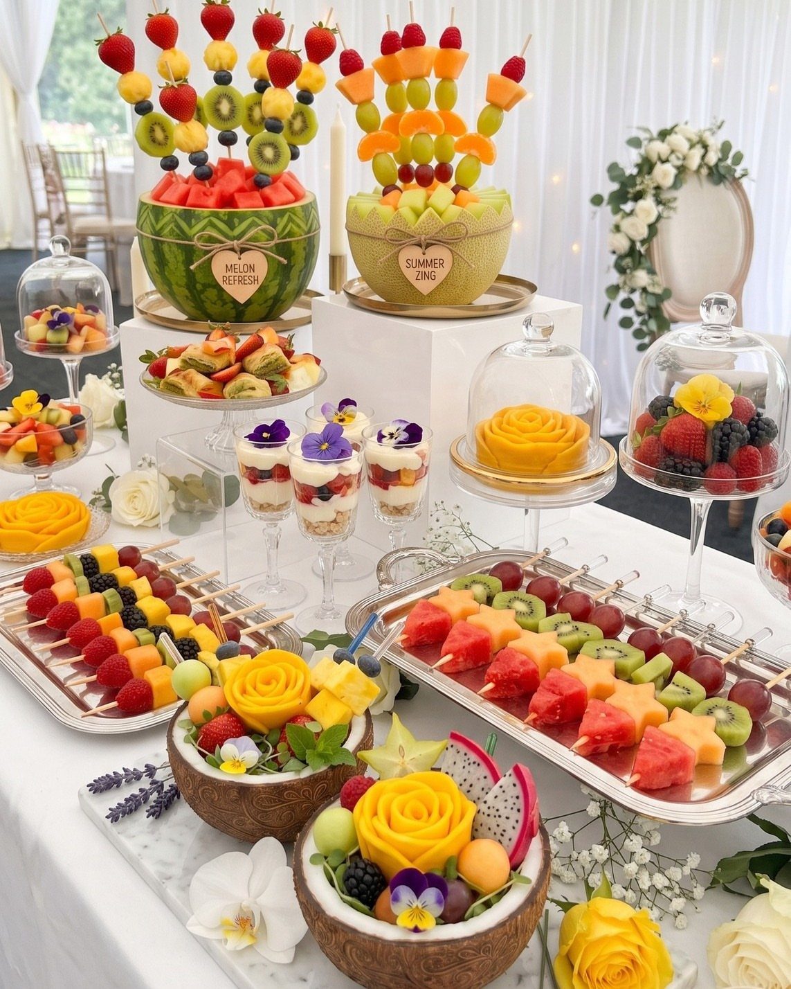 Fruit centerpieces featuring carved melons and coconut bowls on a white wedding table.