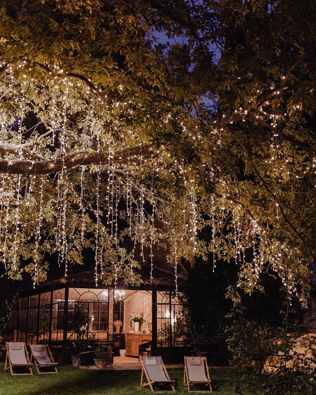 Cascading fairy lights draped over tree branches above a garden lounge area